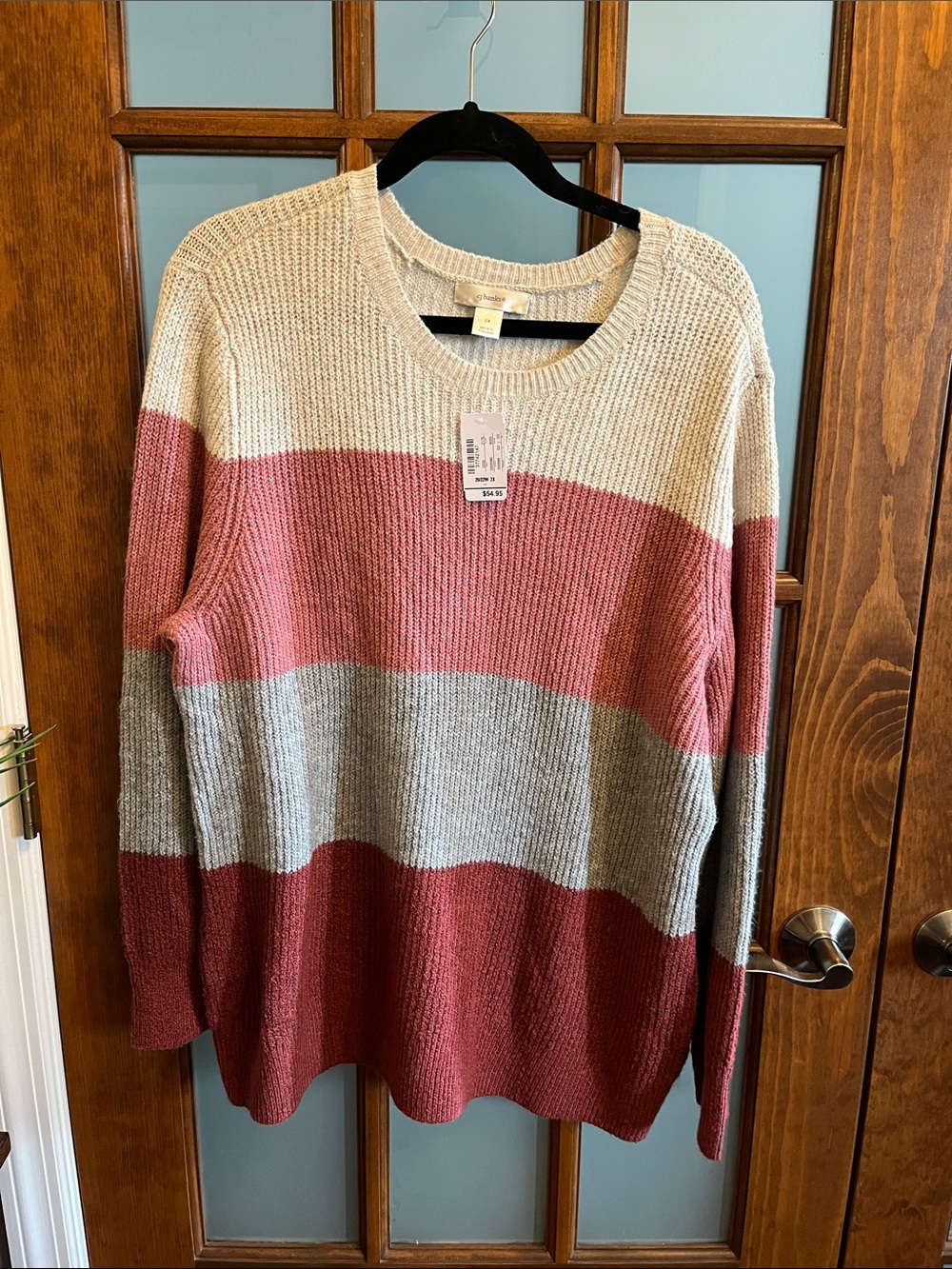 CJ Banks Striped Crewneck Sweater in Cream, Pink, Gray, Rust